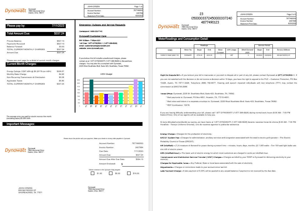 download download New York  Dynowatt electricity utility bill Word and PDF formats PDF template PDF template
